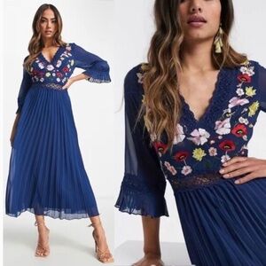ASOS design Blue Midi Floral Embroidered Dress